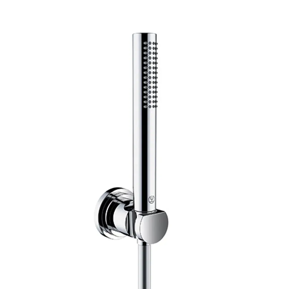 Chromfarbenes Handbrauseset von Kludi mit Halterung, schlankem Design und perforierter Duschfläche, montiert an einer Wand.